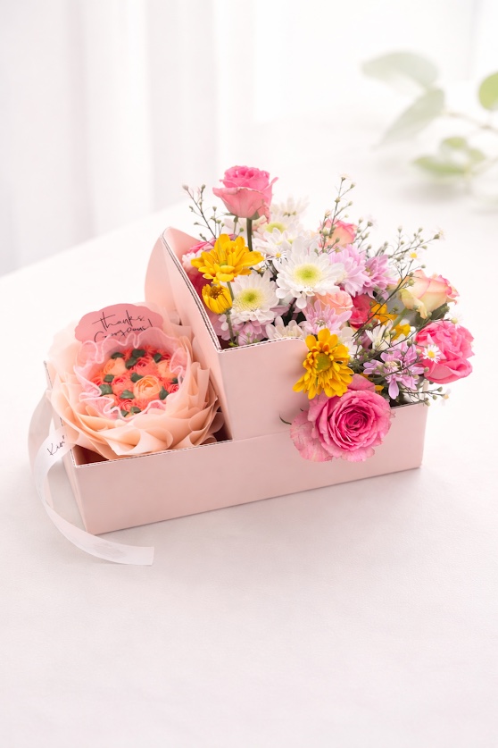 Flower bouquet paired with a cake, boxed for gifting