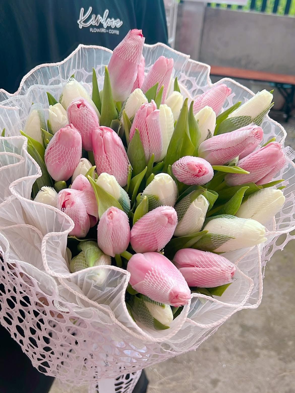 Pink tulips with statice