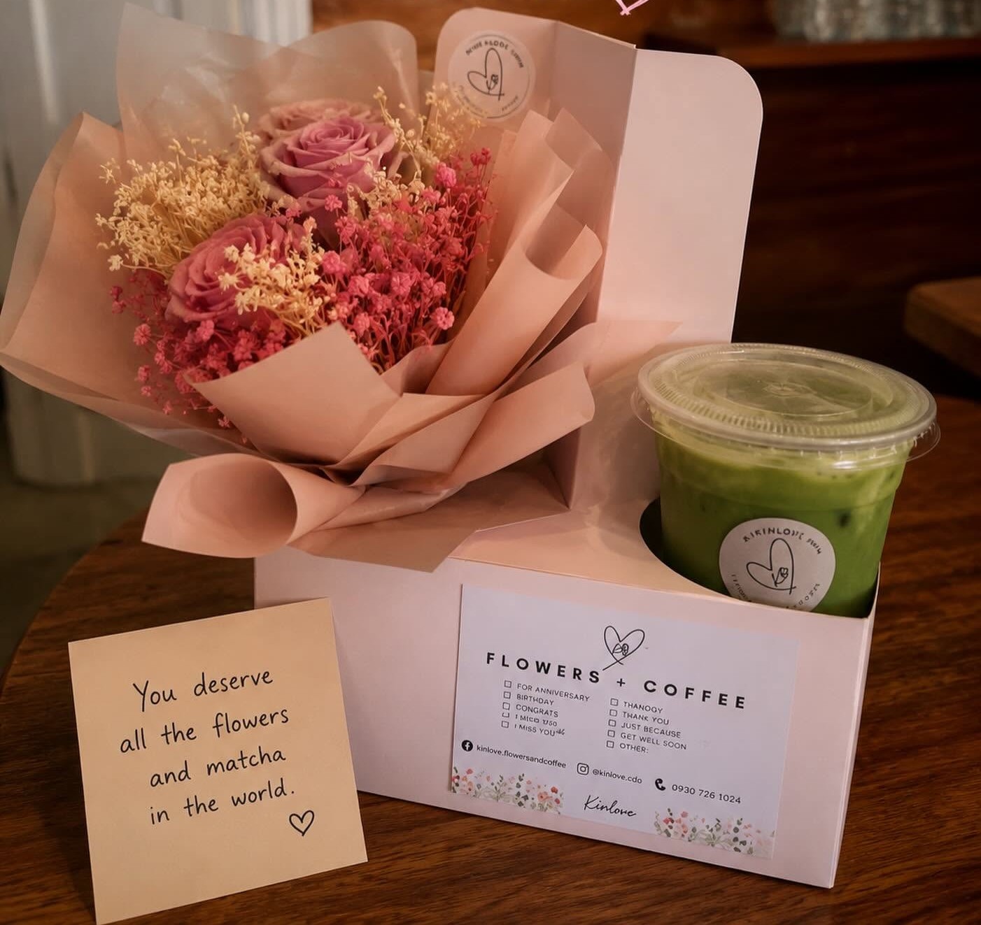 Bouquet and coffee, boxed for gifting